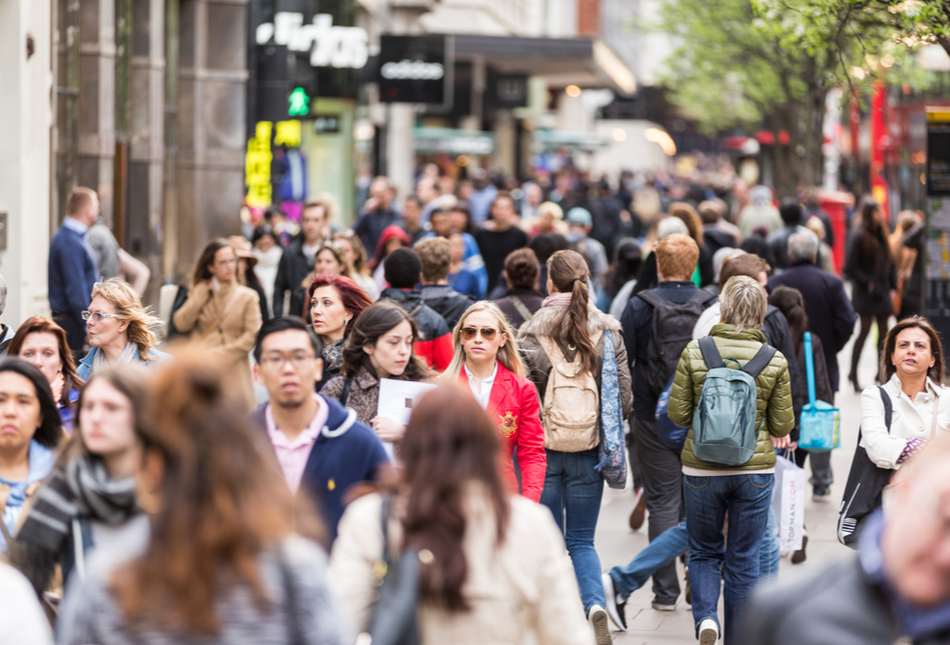 A busy high street in the daytime