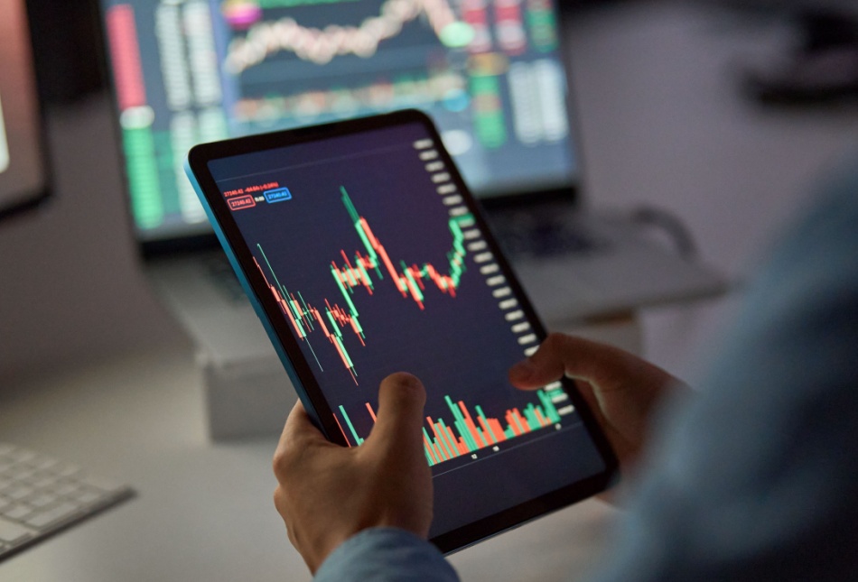A person looking at a stock market graph on a tablet.