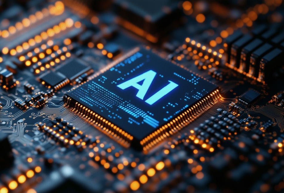 AI logo on a computer chip illuminated by blue light