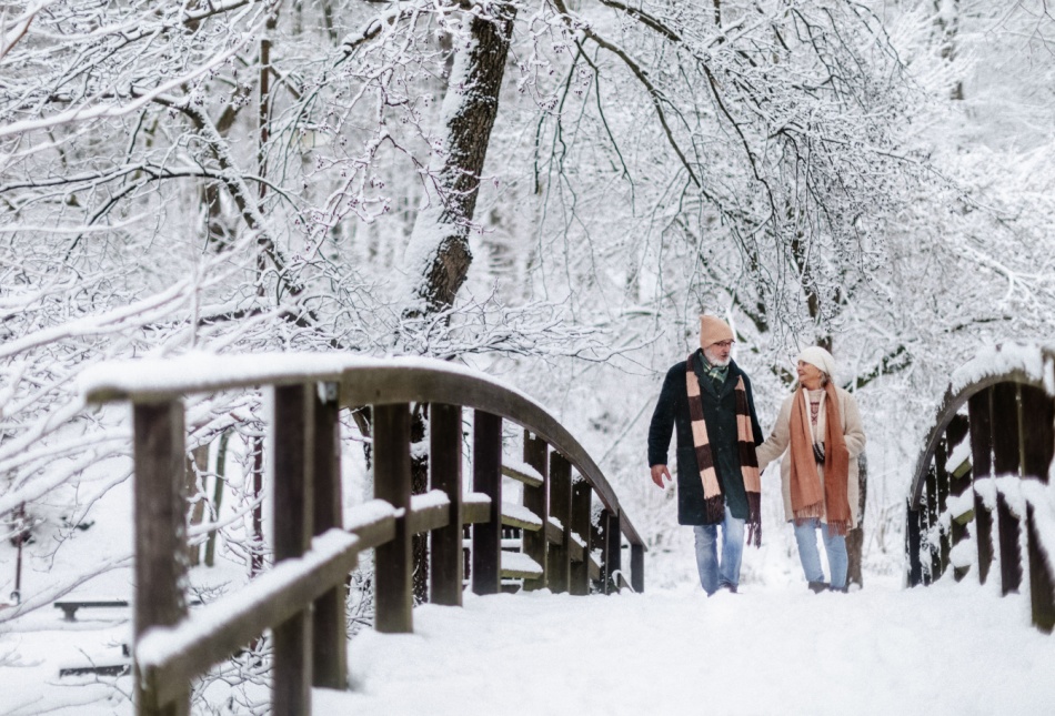 A couple walking across a bridge in the snow.