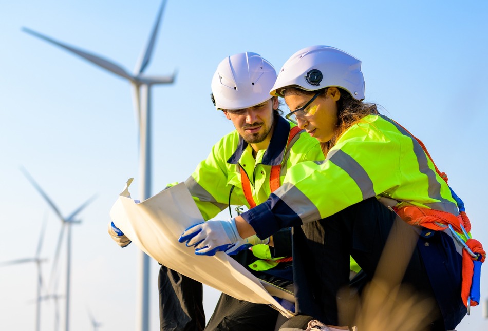 Technicians working at a wind farm.